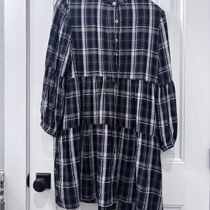 Black & White Plaid Tiered Button-Up Dress